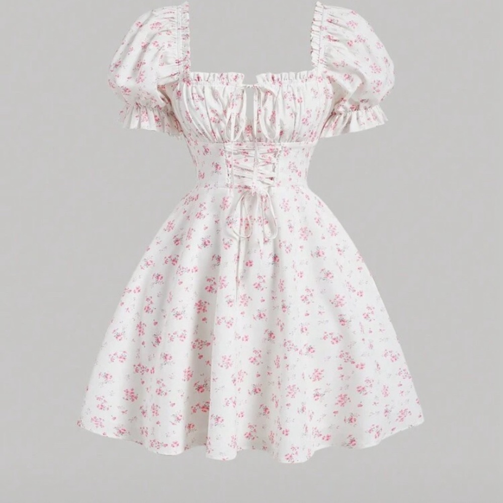 White Floral Puff Sleeve Mini Dress with Pink Print